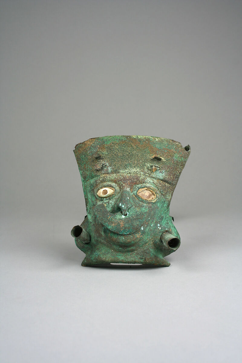 Face Mask Ornament, Gilded copper, shell, Moche 