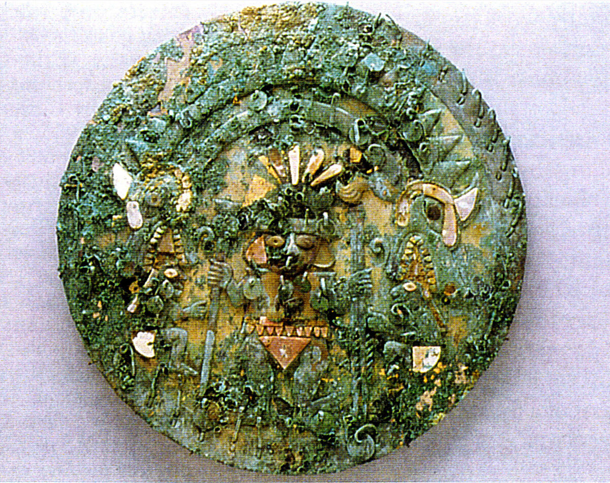 Disk with Figure, Gilded copper, silvered copper, shell, turquoise, Moche