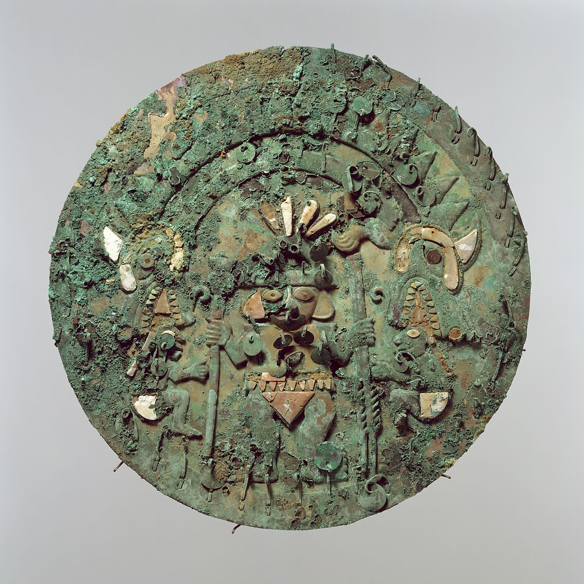 Disk with Figure, Gilded copper, silvered copper, shell, turquoise, Moche 