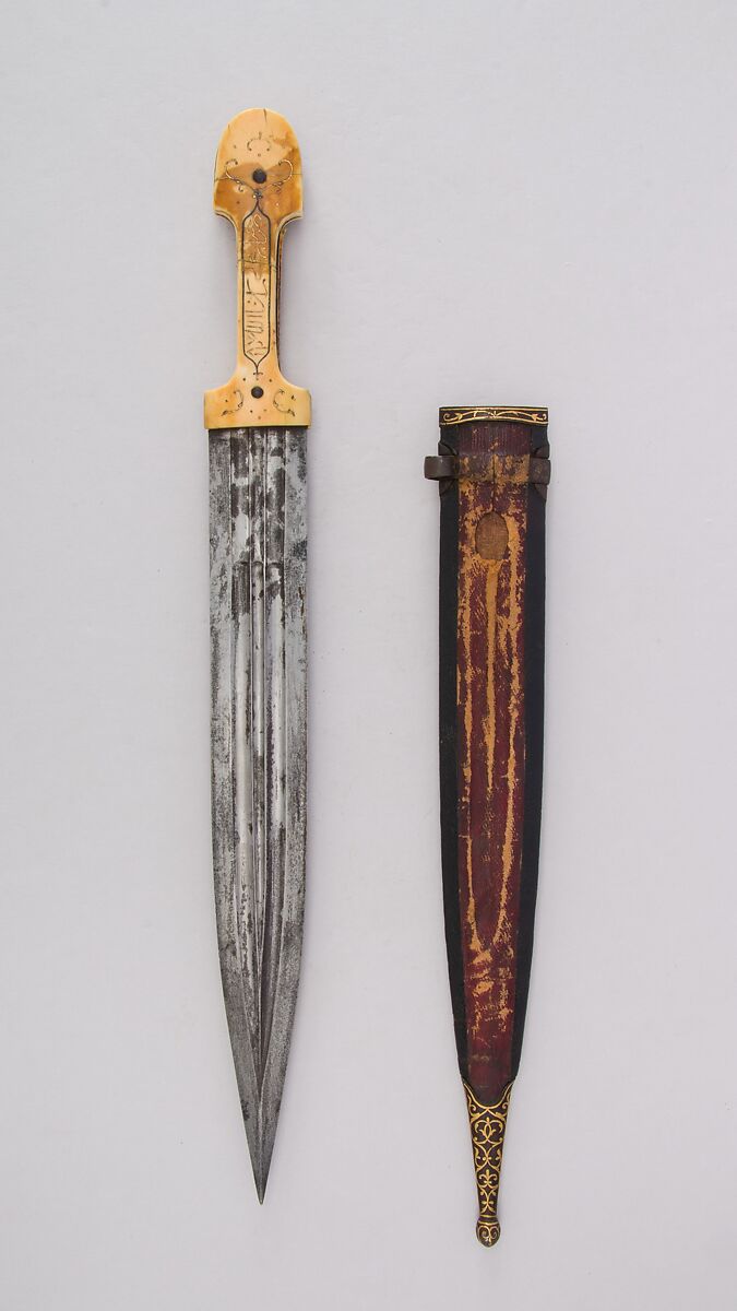 Dagger with Sheath, Steel, leather, ivory, gold, silver, Caucasian