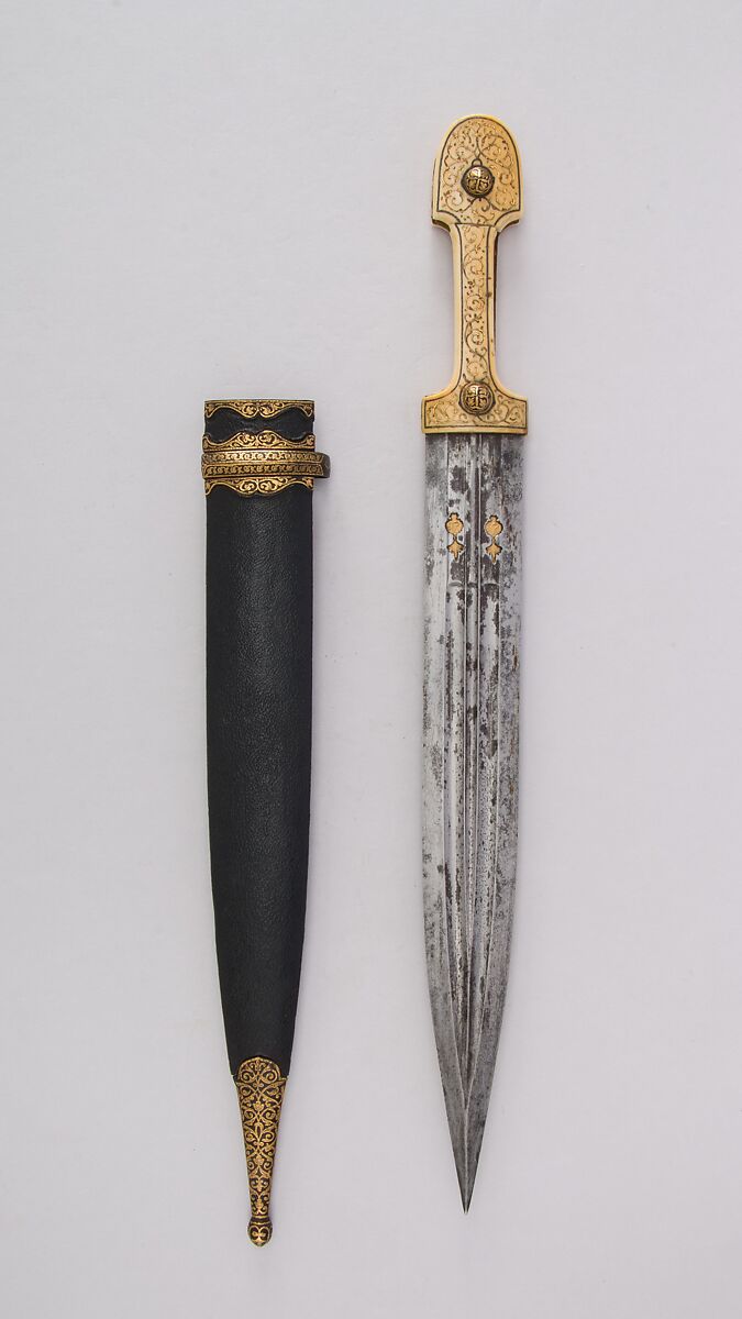 Dagger with Sheath, Steel, leather, ivory, gold, silver, Caucasian 