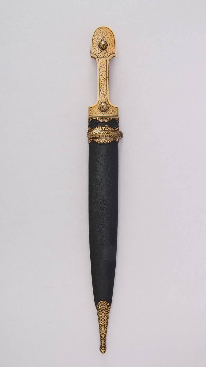 Dagger with Sheath, Steel, leather, ivory, gold, silver, Caucasian