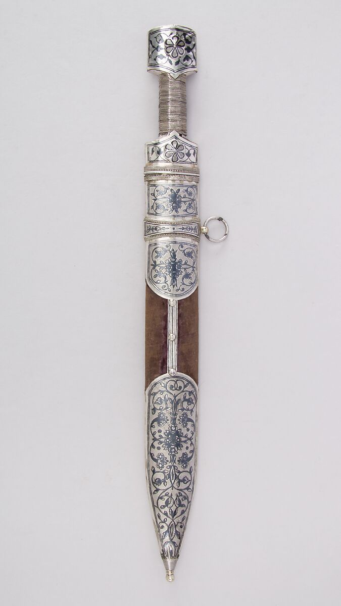 Dagger (Qama) with Sheath, Steel, silver, niello, textile, silver wire, Caucasian
