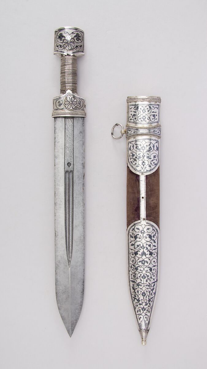 Dagger (Qama) with Sheath, Steel, silver, niello, textile, silver wire, Caucasian