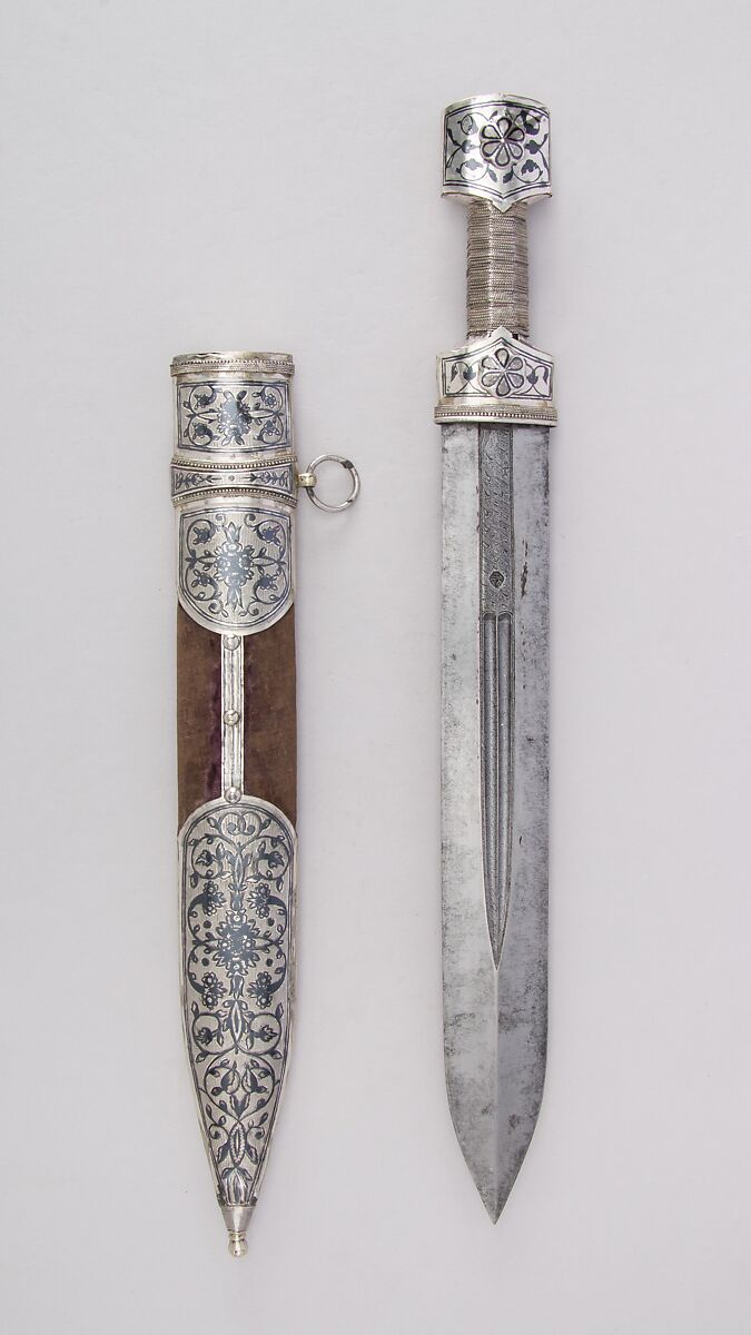 Dagger (Qama) with Sheath, Steel, silver, niello, textile, silver wire, Caucasian 