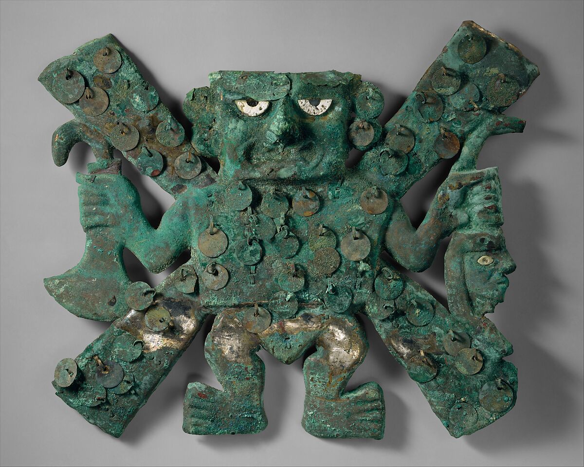 Decapitator plaque, Moche artist(s), Silvered copper, shell, Moche