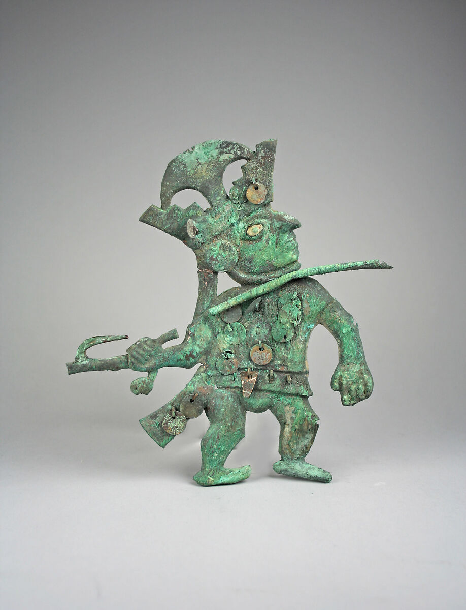 Profile Warrior Ornament, Gilded copper, shell turquoise, Moche 