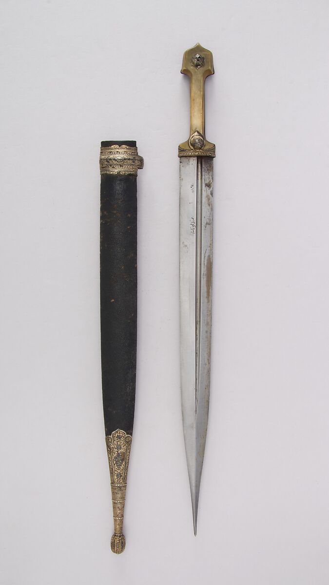 Dagger (Kindjal) with Sheath, Steel, bone, horn, wood, leather, gilding, silver, Caucasian 