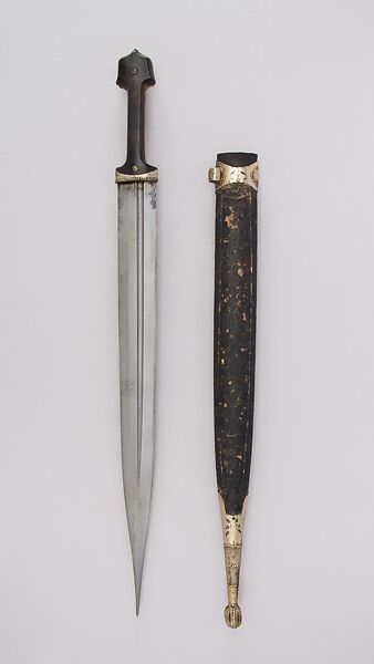 Dagger (Kindjal) with Scabbard, Steel, horn, silver gilt, niello, wood, leather, Caucasian, Degestan