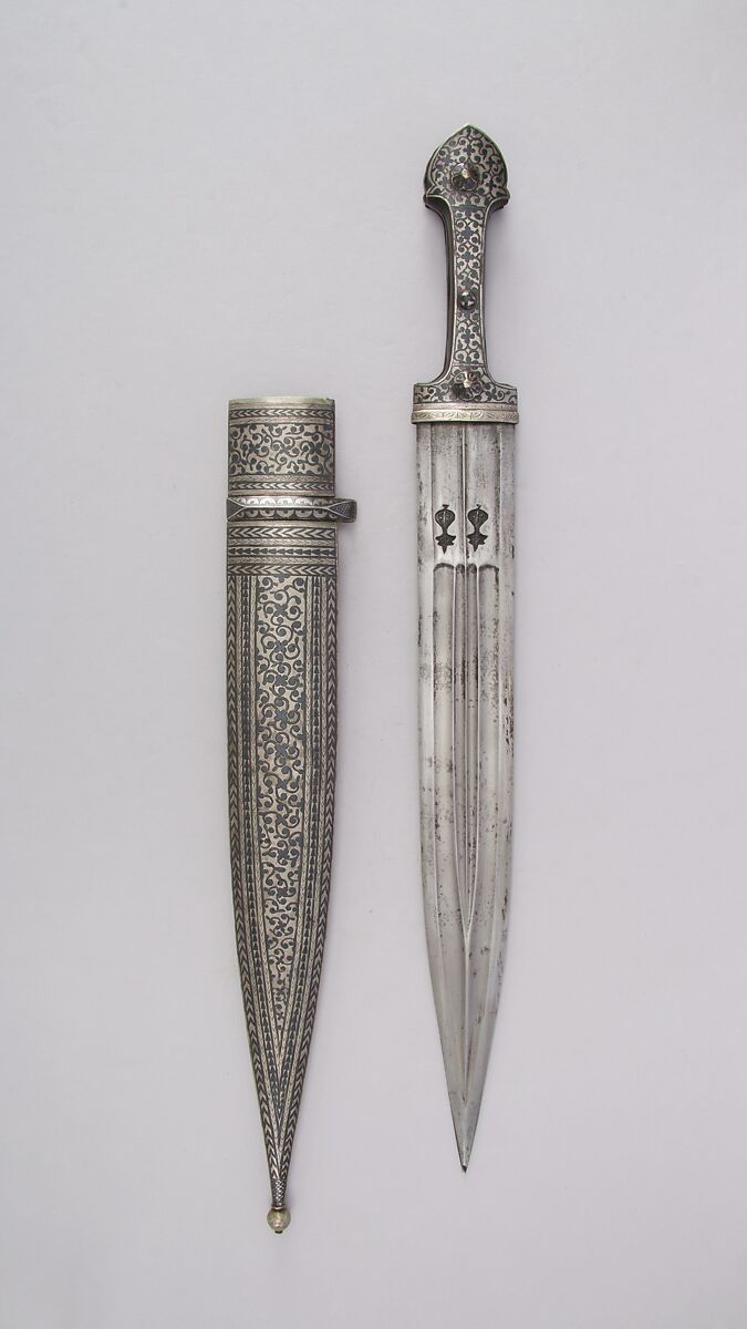 Dagger (Kindjal) with Sheath, Steel, horn, silver, niello, Caucasian 