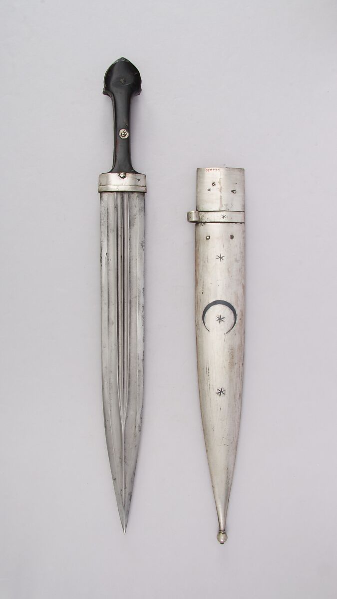 Dagger (Kindjal) with Sheath, Steel, horn, silver, niello, Caucasian