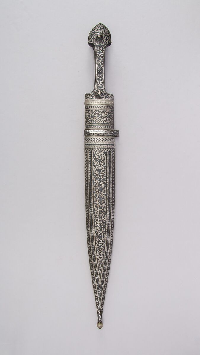 Dagger (Kindjal) with Sheath, Steel, horn, silver, niello, Caucasian