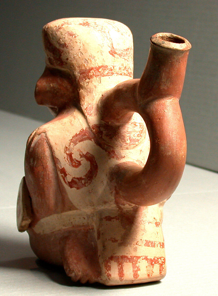 Stirrup Spout Bottle with Warrior, Ceramic, slip, Moche