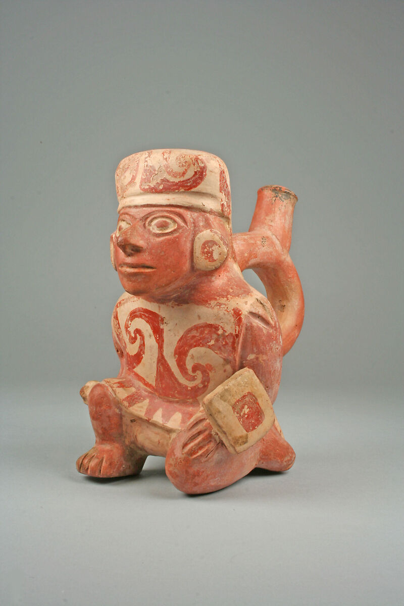 Stirrup Spout Bottle with Warrior, Ceramic, slip, Moche 