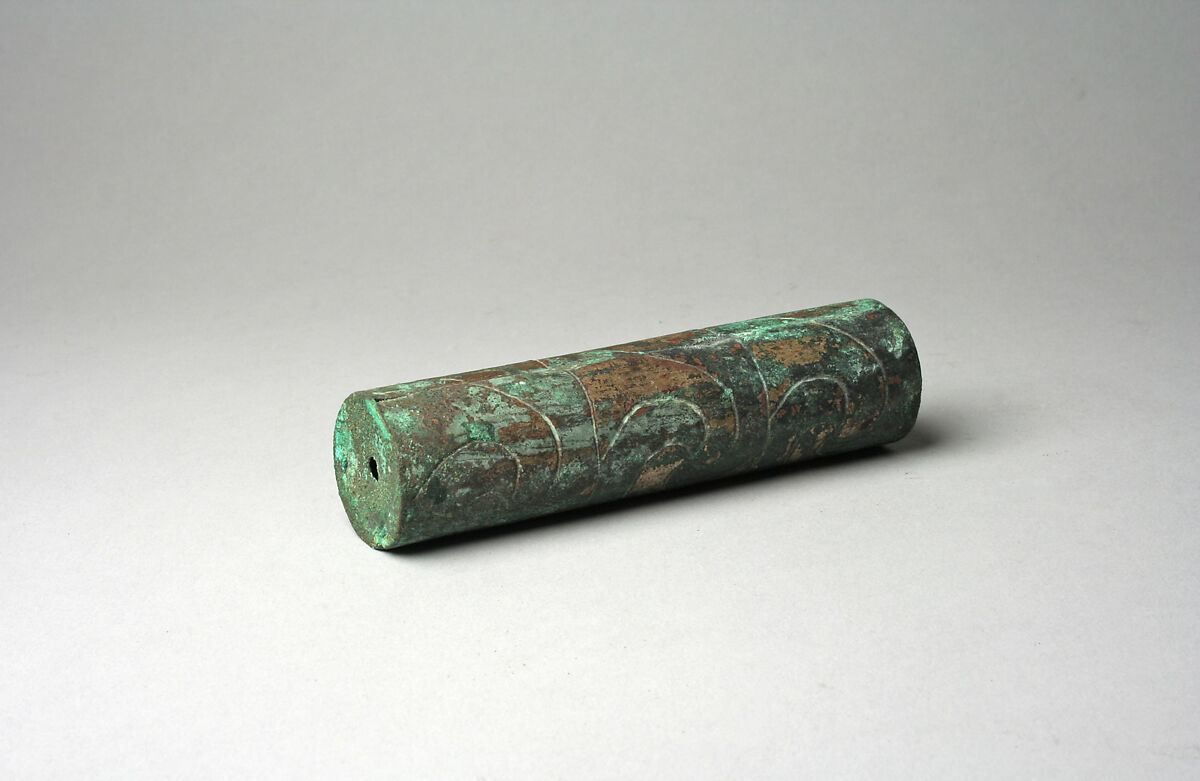 Tubular Bead with Spirals, Copper, gilded copper, Moche