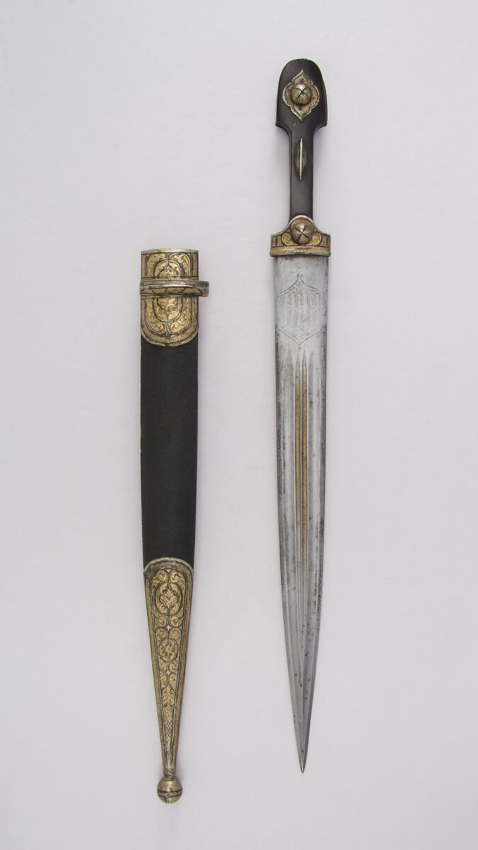 Dagger with Sheath, Steel, horn, wood, leather, silver, Caucasian 