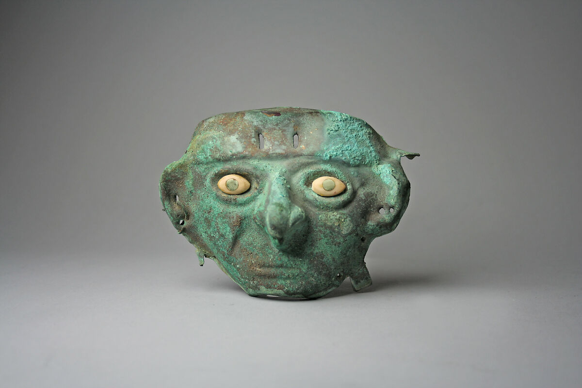 Face Mask Ornament, Gilded copper, shell, turquoise (?), Moche 