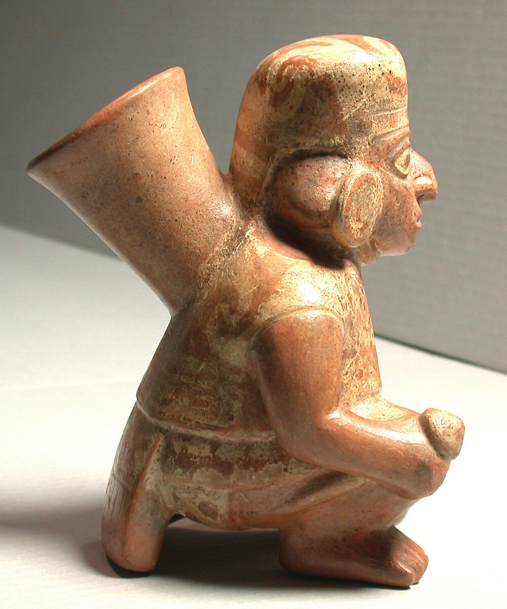 Stirrup Spout Bottle with Warrior, Ceramic, slip, Moche