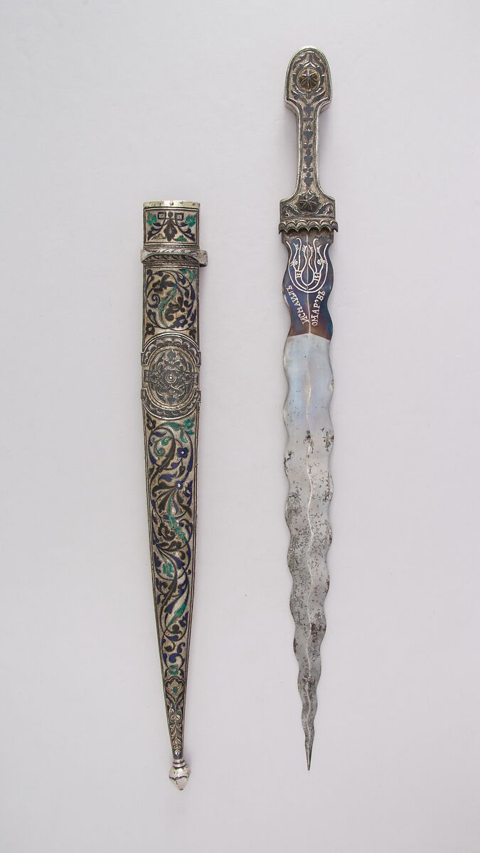 Dagger (Kindjal) with Sheath, Steel, silver, enamel, Caucasian 