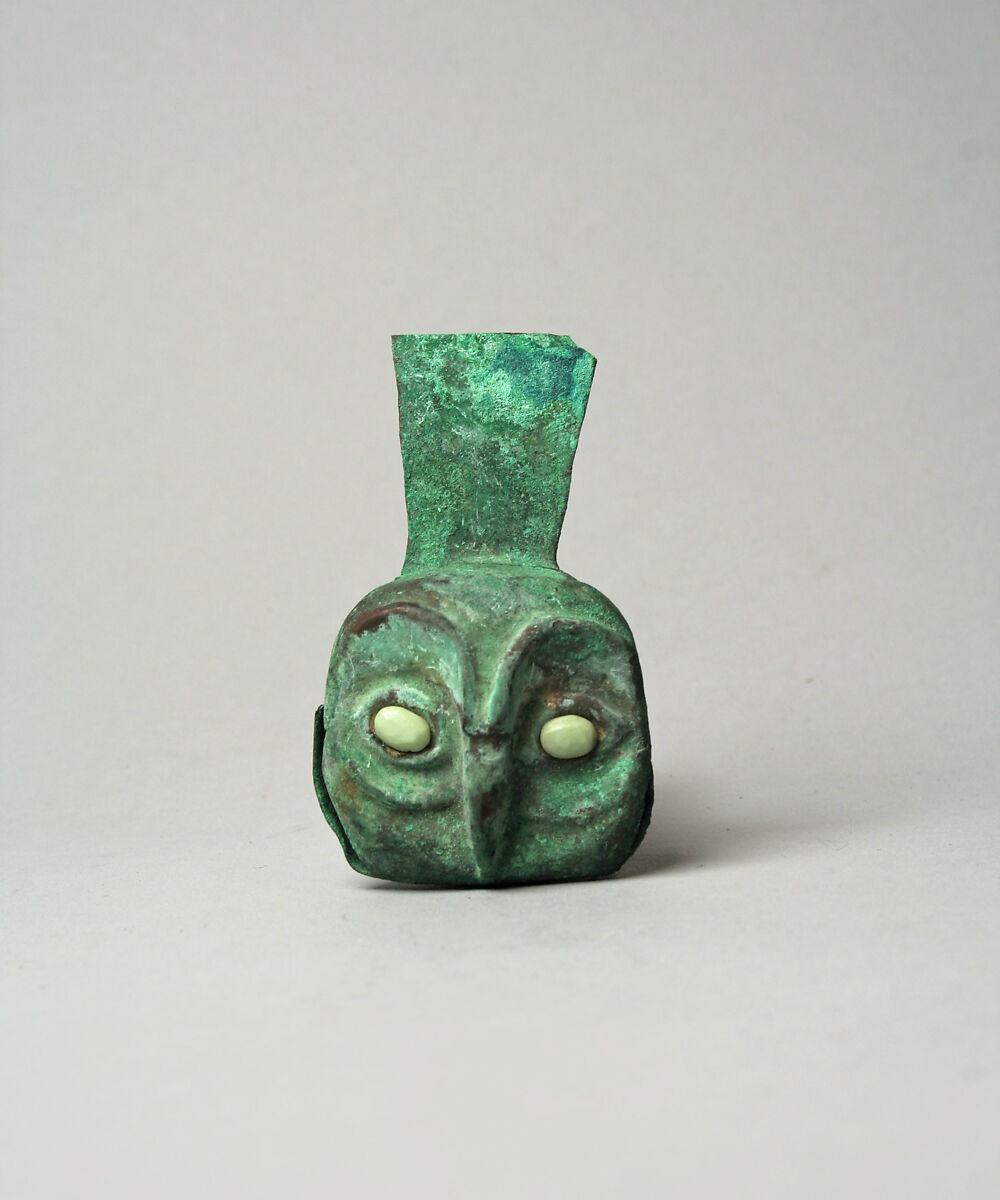 Owl Tab Ornament, Silvered copper, stone, Moche 