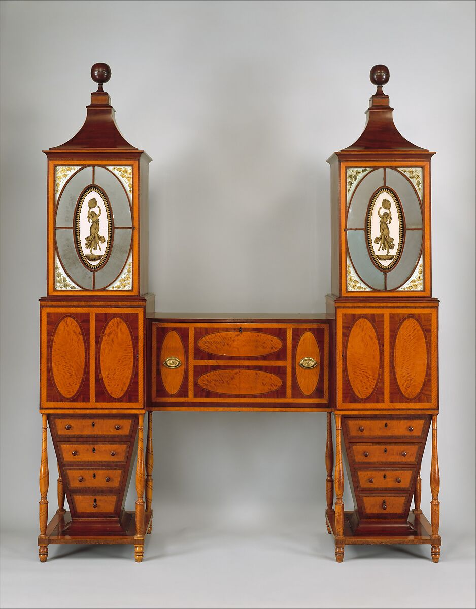 Desk and Bookcase, Mahogany, satinwood, maple, verre églomisé
with cedar, American 