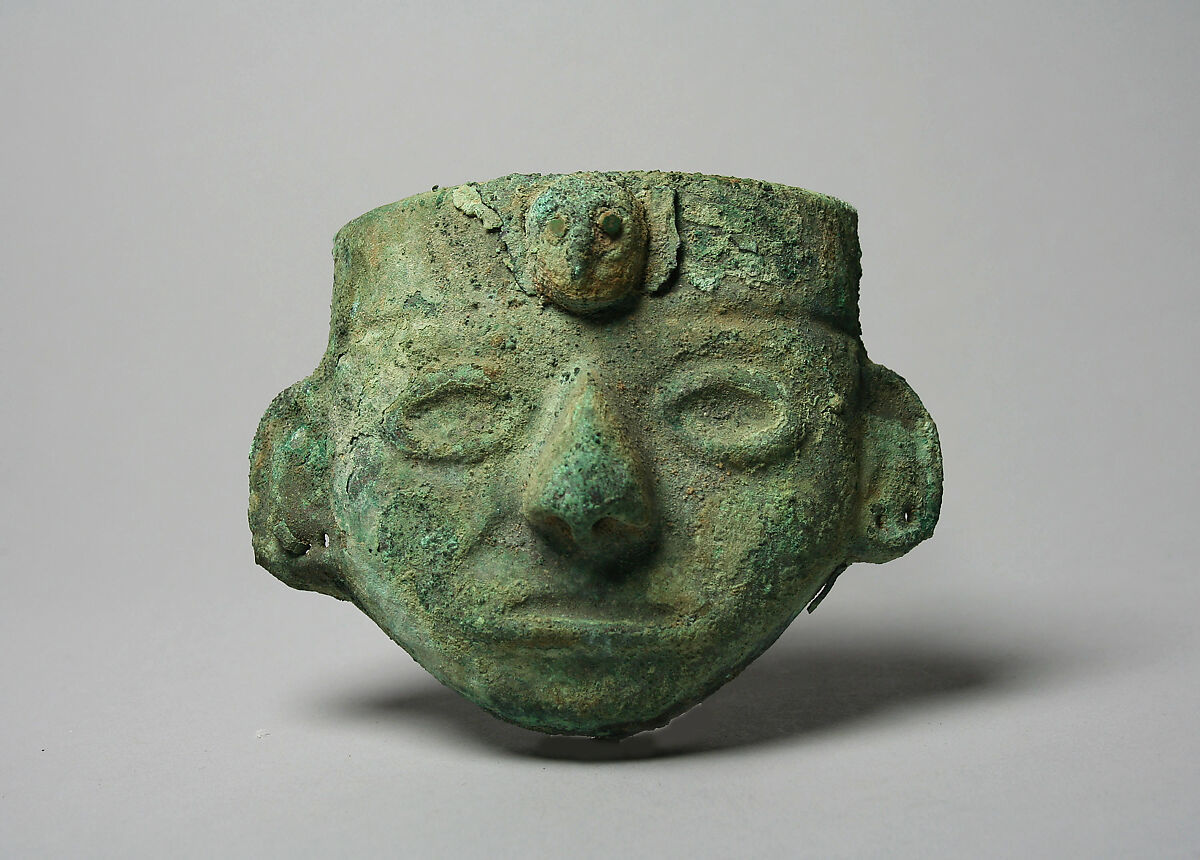 Face Mask Ornament, Gilded copper, turquoise, Moche 