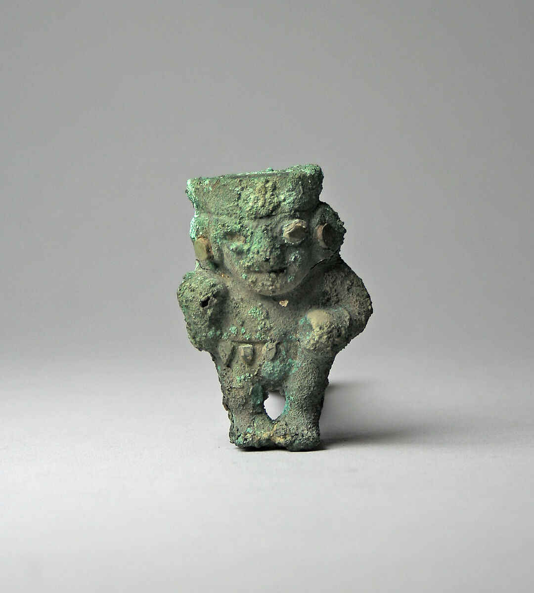 Figure Ornament, Gilded copper, turquoise, Moche 
