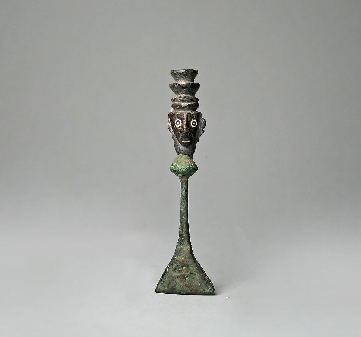 Copper Rattle and Stone Head, Copper, stone, Peruvian 