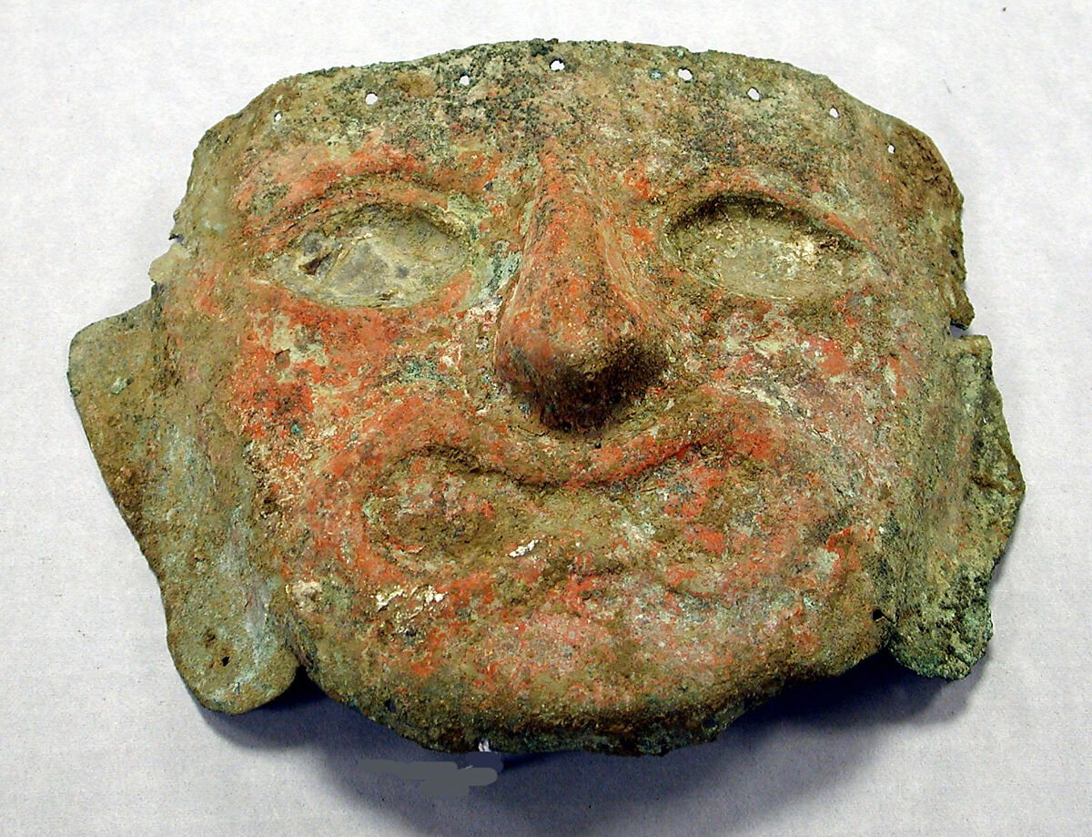 Face Mask, Copper (hammered), cinnabar, Moche 