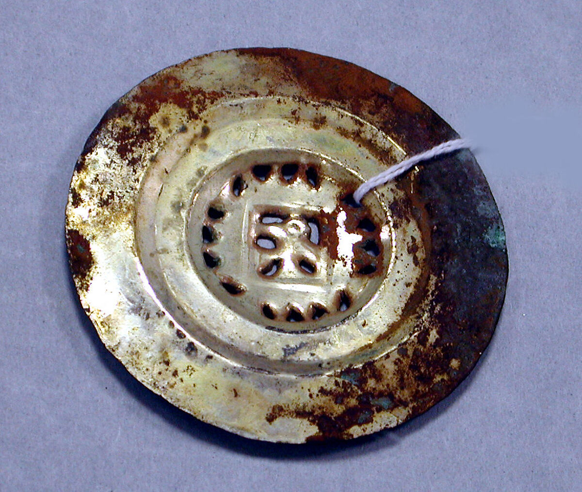 Copper Disk Ornament, Copper (hammered), gilt, Chimú (?) 
