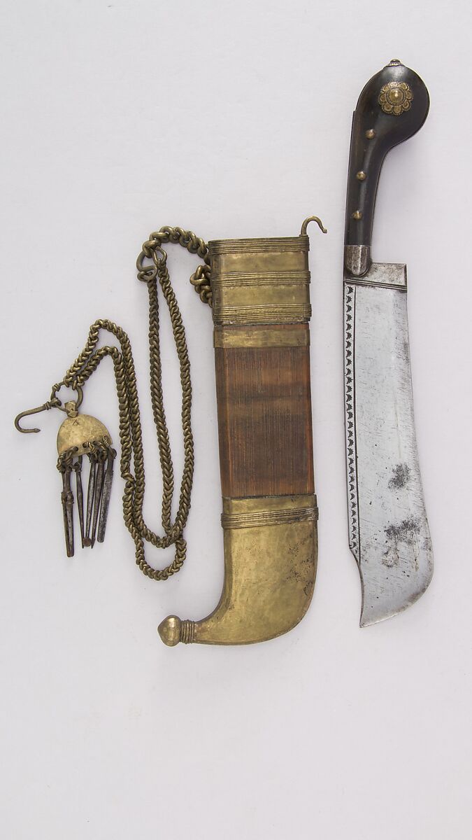 Knife (Pichangatti) with Sheath, Steel, wood, brass, horn, Indian, Kodagu (Coorg)