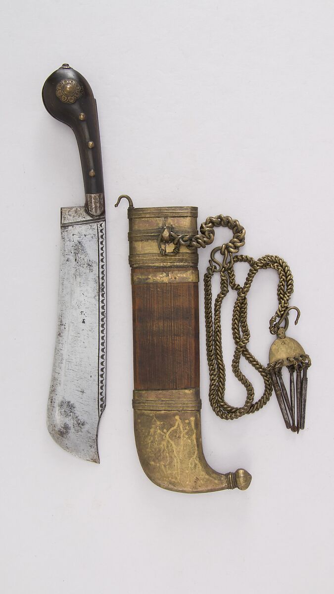 Knife (Pichangatti) with Sheath, Steel, wood, brass, horn, Indian, Kodagu (Coorg) 