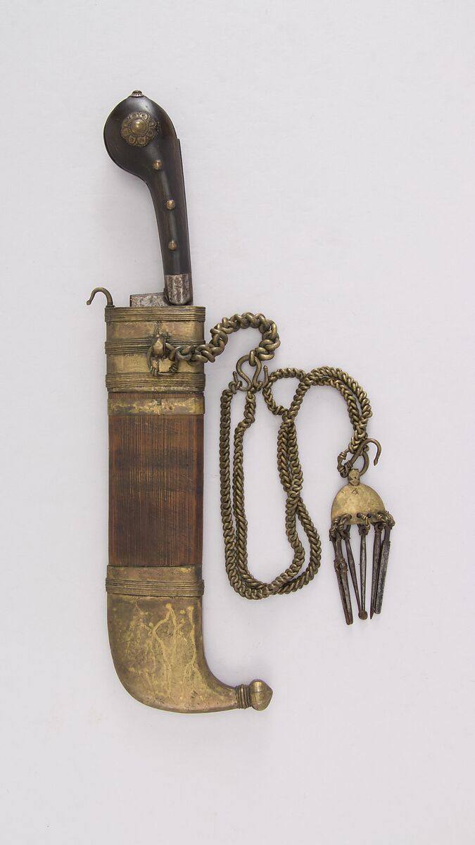 Knife (Pichangatti) with Sheath, Steel, wood, brass, horn, Indian, Kodagu (Coorg)