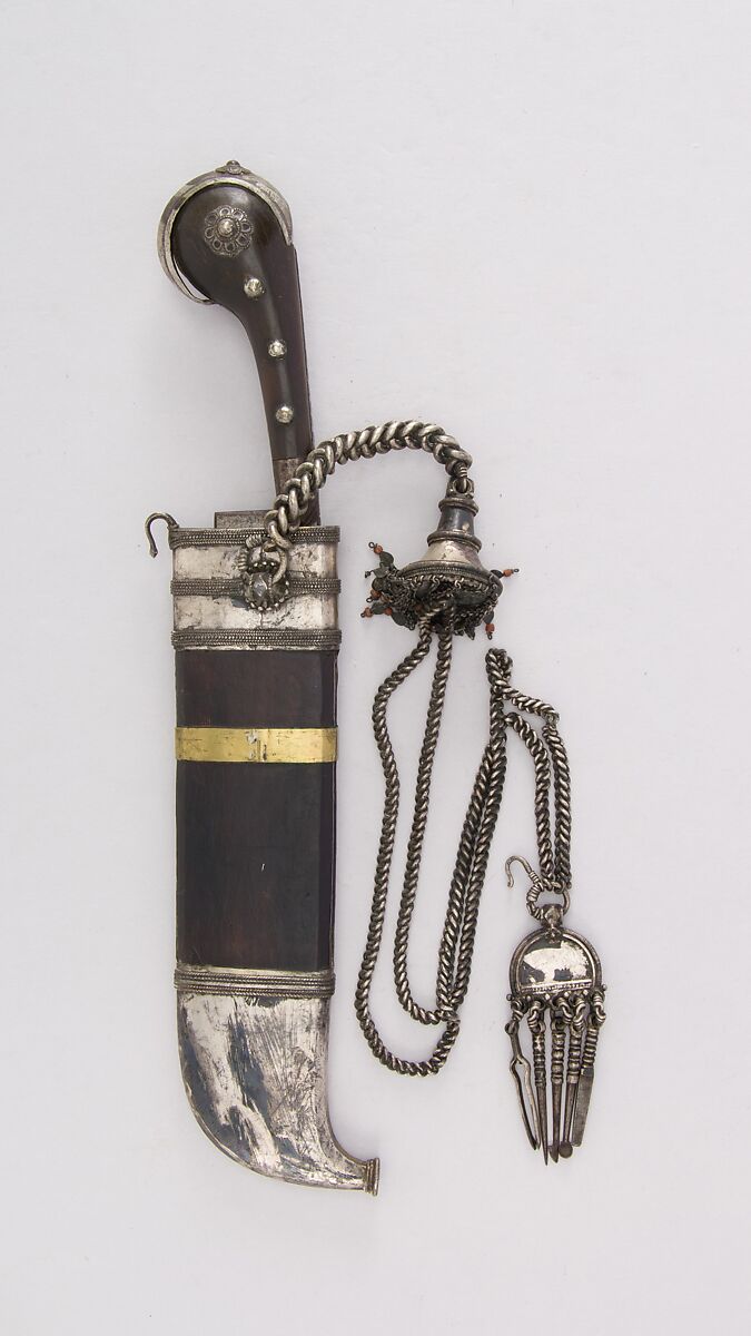Knife (Pichangatti) and Sheath, Steel, horn, silver, brass, wood (rosewood), coral, Indian, Kodagu (Coorg)