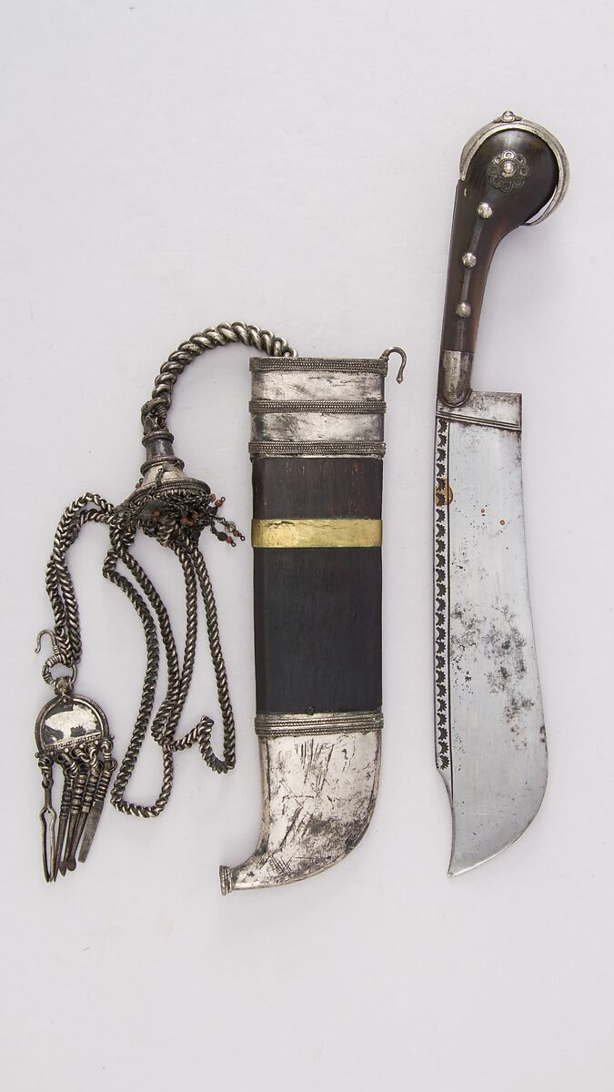 Knife (Pichangatti) and Sheath, Steel, horn, silver, brass, wood (rosewood), coral, Indian, Kodagu (Coorg)