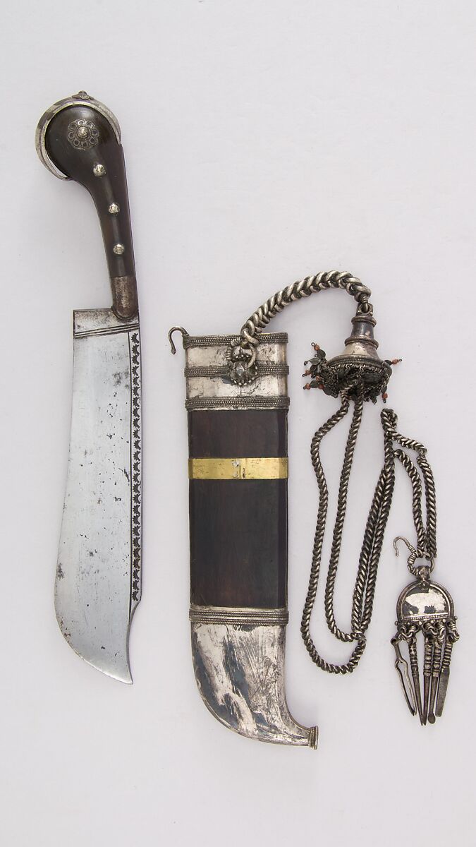 Knife (Pichangatti) and Sheath, Steel, horn, silver, brass, wood (rosewood), coral, Indian, Kodagu (Coorg) 