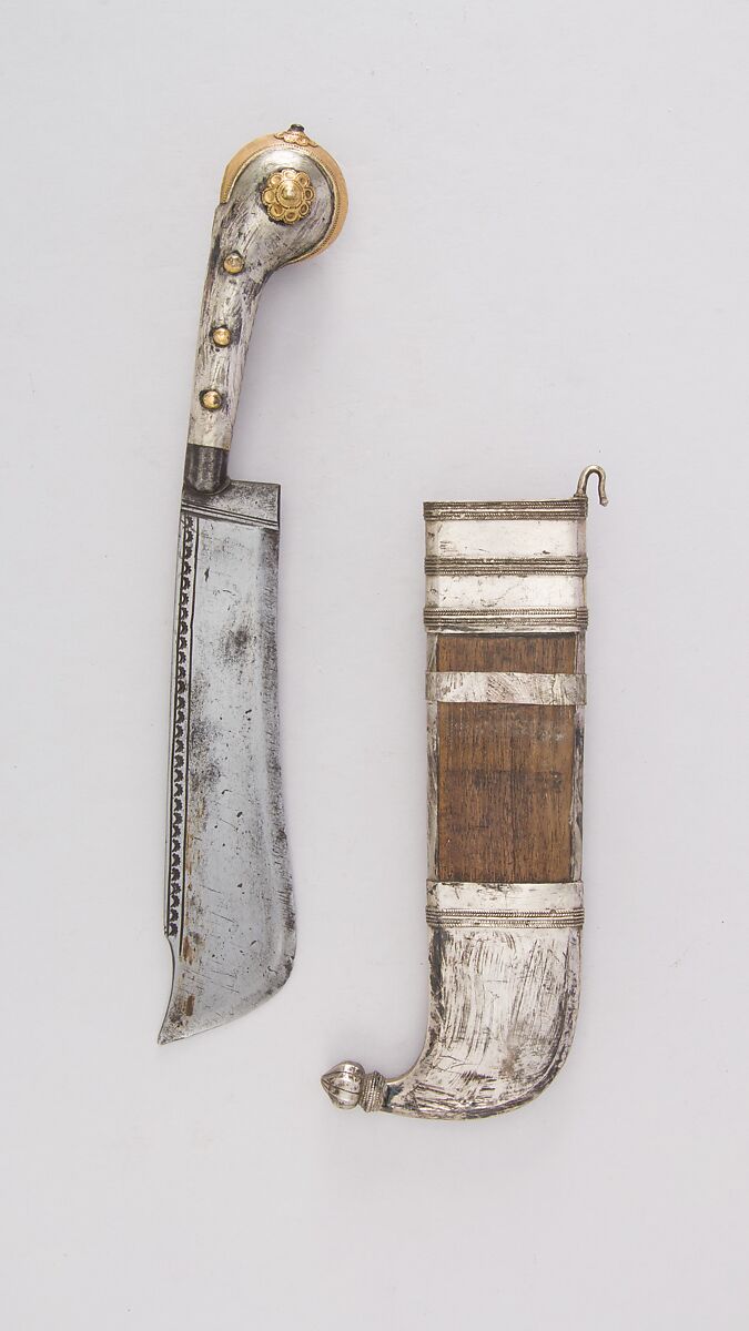 Knife (Pichangatti) with Sheath, Steel, silver, gold, wood (possibly ash), Indian, Kodagu (Coorg)