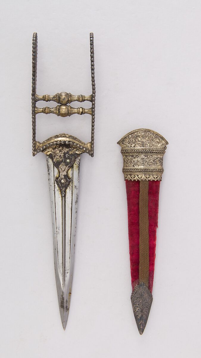 Dagger (Katar) with Sheath, Steel, silver, wood, velvet, Indian