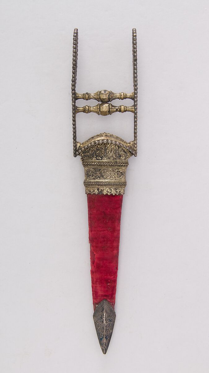 Dagger (Katar) with Sheath, Steel, silver, wood, velvet, Indian