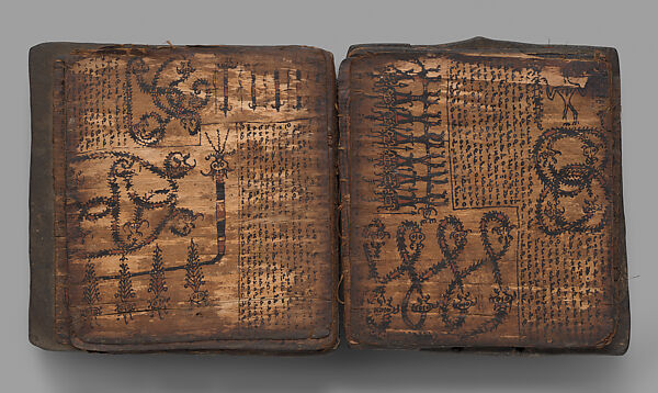 Pustaha (book of ritual knowledge), Toba Batak artist, Wood, bast, resin ink, fiber, Toba Batak people