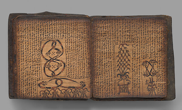 Pustaha (book of ritual knowledge), Toba Batak artist, Wood, bast, resin ink, fiber, Toba Batak people