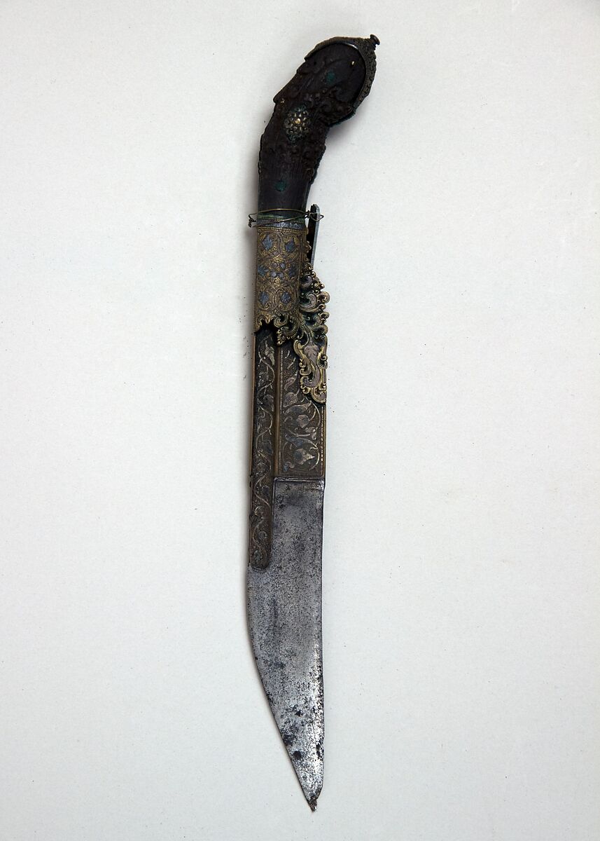 Knife (Piha Kaetta), Steel, wood, brass, silver, Sri Lankan 
