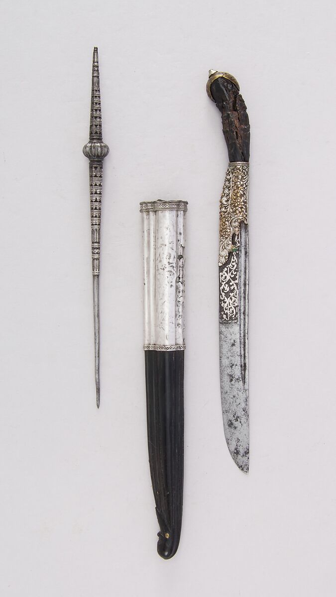 Knife (Piha Kaetta) with Stylus and Sheath, Steel, wood, brass, Sri Lankan 