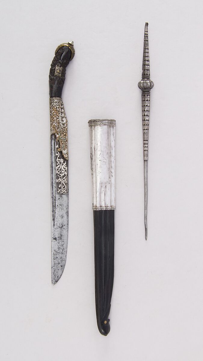 Knife (Piha Kaetta) with Stylus and Sheath, Steel, wood, brass, Sri Lankan