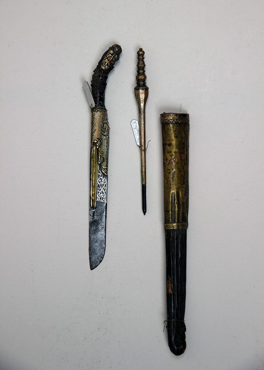 Knife (Piha Kaetta) with Stylus and Sheath, Steel, brass, wood, silver, copper, Sri Lankan 