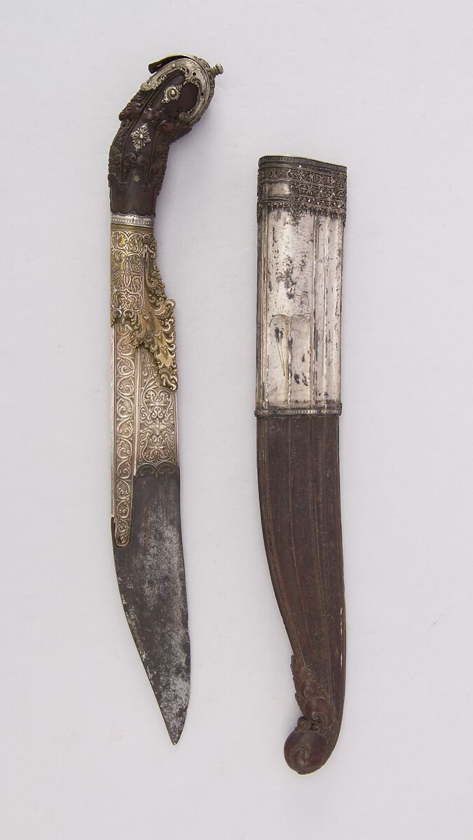 Knife (Piha Kaetta) with Sheath, Wood, silver, brass, steel, Sri Lankan