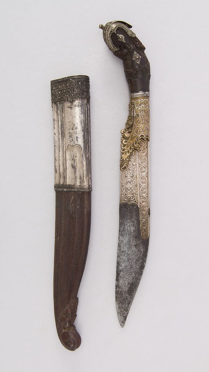 Knife (Piha Kaetta) with Sheath, Wood, silver, brass, steel, Sri Lankan 