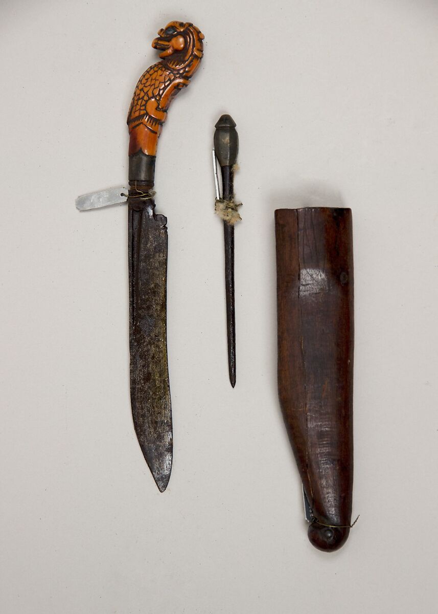 Knife (Piha Kaetta) with Stylus and Sheath, Wood, ivory, steel, brass, Sri Lankan 