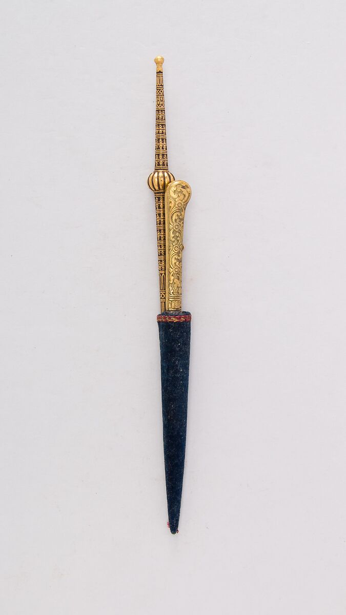 Knife (Piha Kaetta) with Stylus, Pricker, and Sheath, Gold, steel, velvet, Sri Lankan