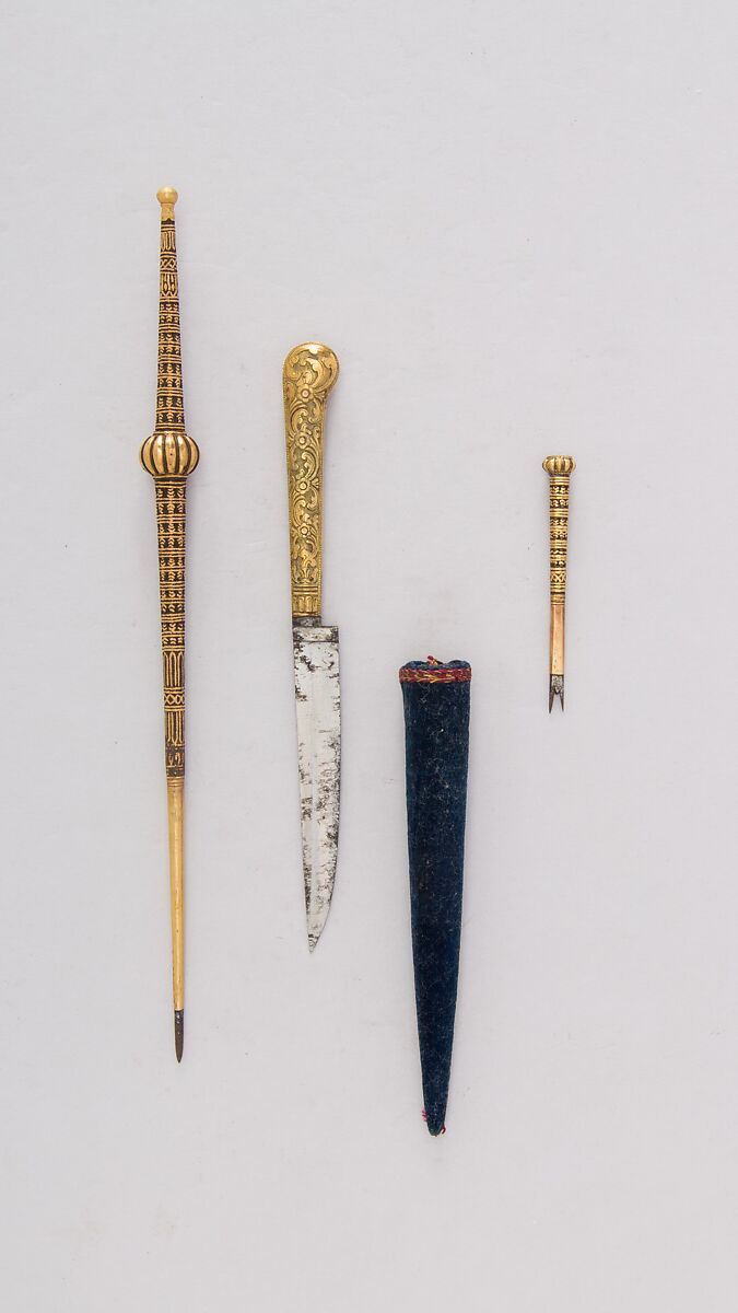 Knife (Piha Kaetta) with Stylus, Pricker, and Sheath, Gold, steel, velvet, Sri Lankan